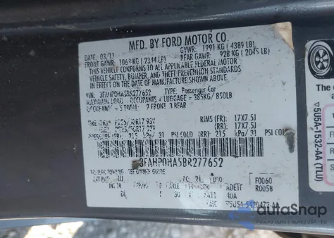 2011 Ford Fusion Se z USA, uszkodzony, nr VIN 3FAHP0HA5BR277652